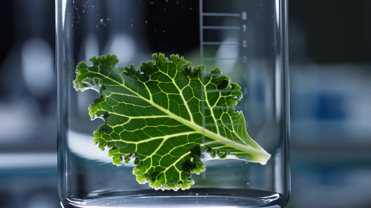 Single green kale leaf floating inside transparent cylindrical beaker, revealing bright yellow green veins, textured surface, curled edges and sterile studio lighting for botanical research concept