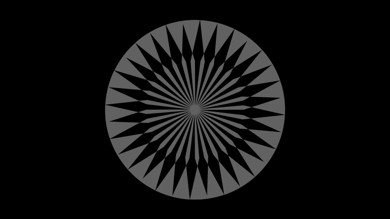 Graphic object in black and white with stroboscopic and hypnotic effect, which rotates clockwise decreasing the size from full screen to disappearing in the center, in 16: 9 video format