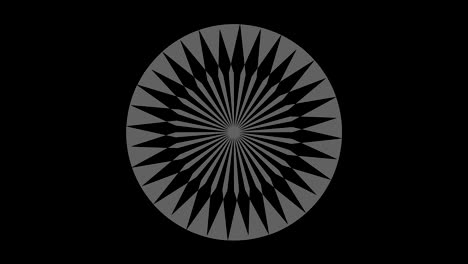 objeto gráfico en blanco y negro con efecto estroboscópico e hipnótico, que gira en el sentido de las agujas del reloj disminuyendo el tamaño de pantalla completa a desaparecer en el centro, en formato de video 16: 9