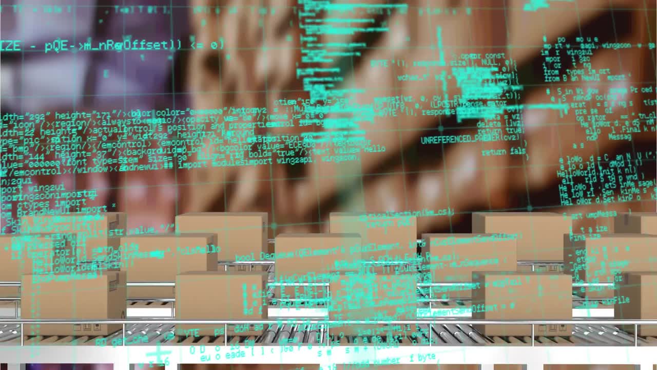 Animation of data processing over cardboard boxes on conveyor belts in warehouse