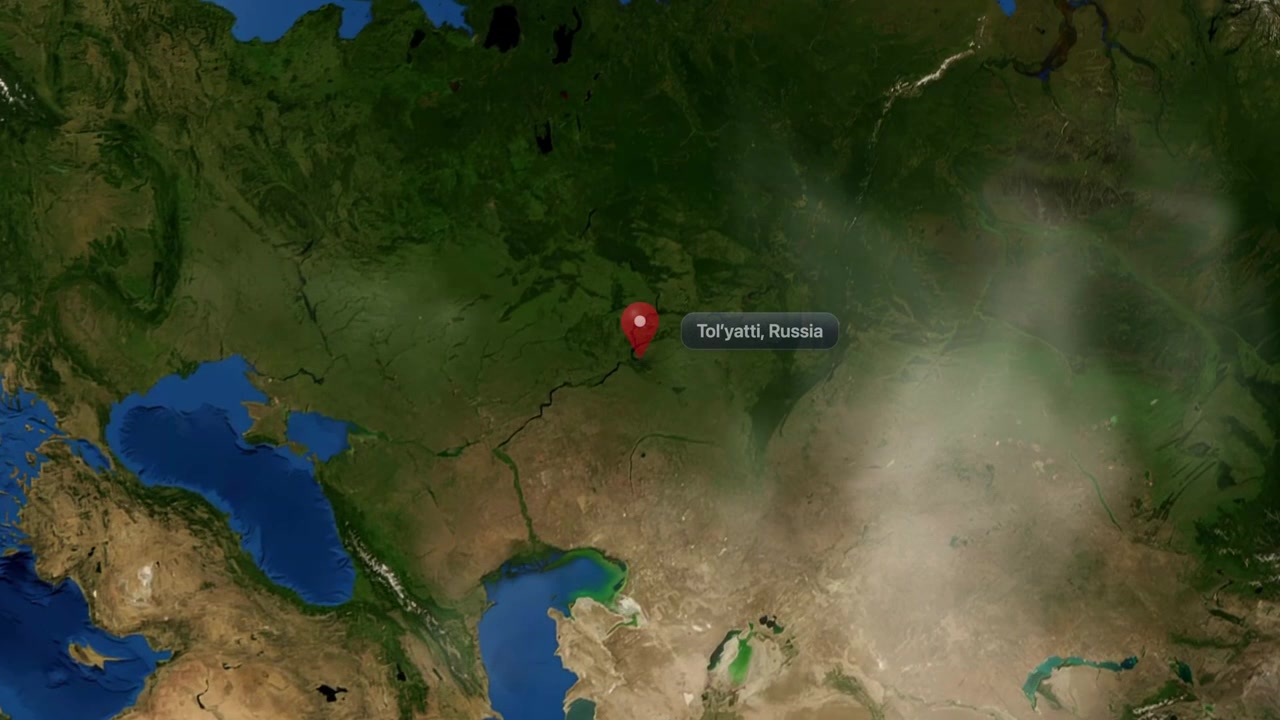 Satellite camera zooms from outer space into planet Earth to pinpoint Tolyatti, Russia. Includes NASA public domain imagery.