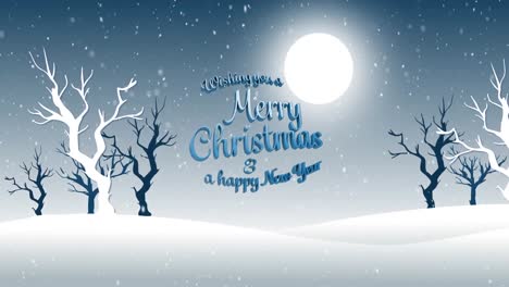 Animation-of-christmas-season's-greetings-text-and-snow-falling-over-winter-scenery