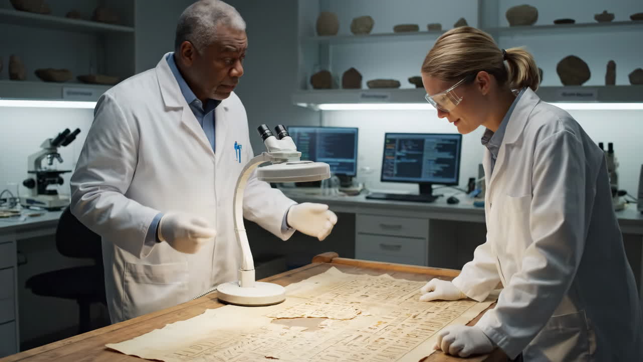 Archaeologists examining ancient Egyptian artifacts in a lab