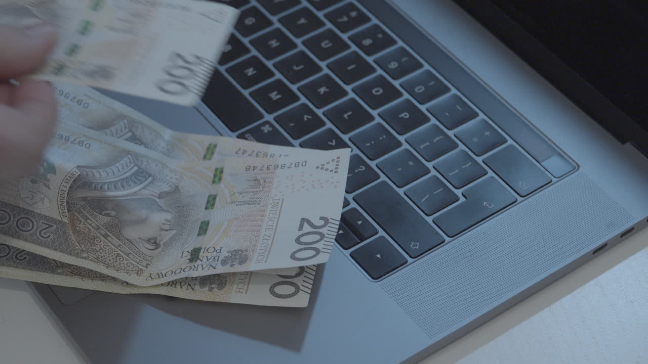 contare le banconote mettendole sulla tastiera del laptop - soldi polacchi