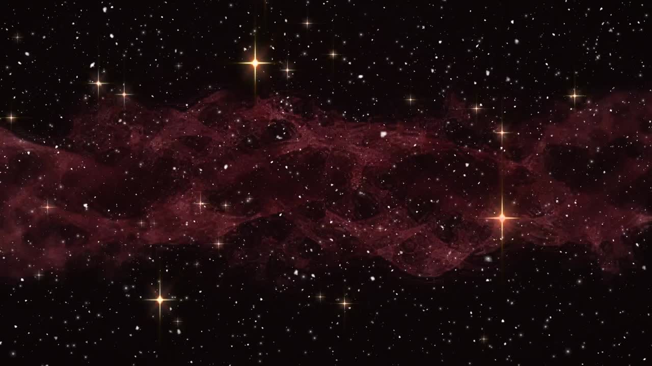 검은 바탕에 황금빛 빛나는 별에 맞춰 빨간색 디지털 파도 위에 눈이 내리고 있습니다.