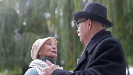 elderly couple in gentle outdoor conversation