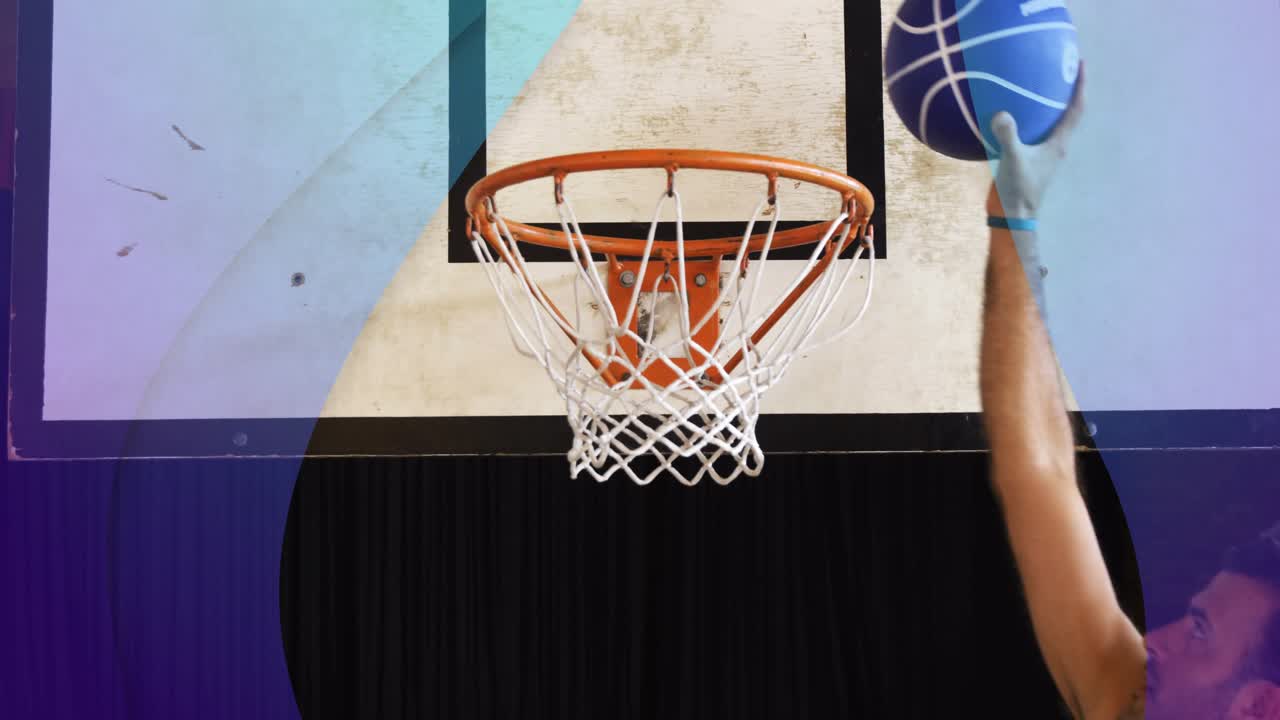 Blue ball entering player reaching pushing it thru hoop net swinging aiming score under corner art