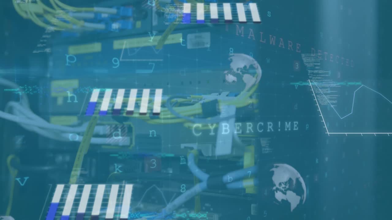 Animation of statistical and cyber security data processing against close up of computer server