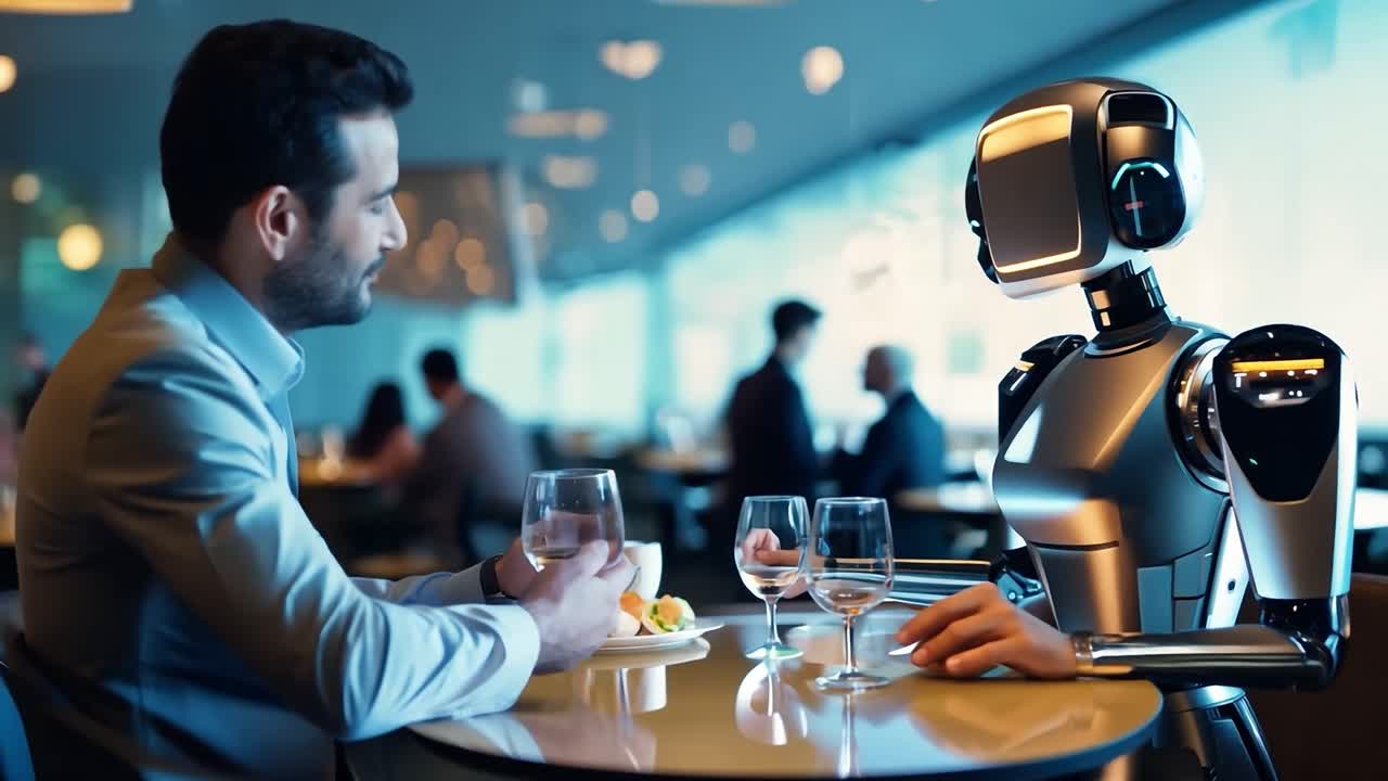 인간형 로 웨이터와 함께 식사를 하는 남자