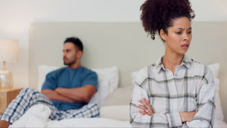 Woman,-couple-and-thinking-in-bedroom-of-conflict