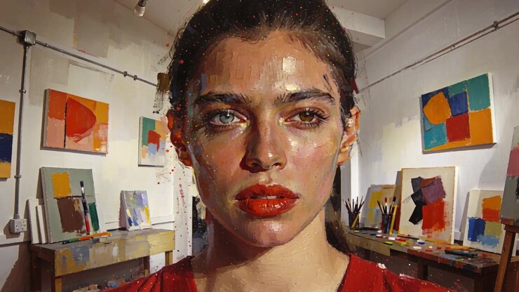 Pulling back camera revealing studio, female holding forward-facing pose with red top and easels