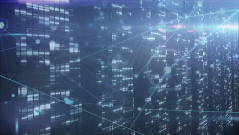 Digital network connections and data processing animation over cityscape at night