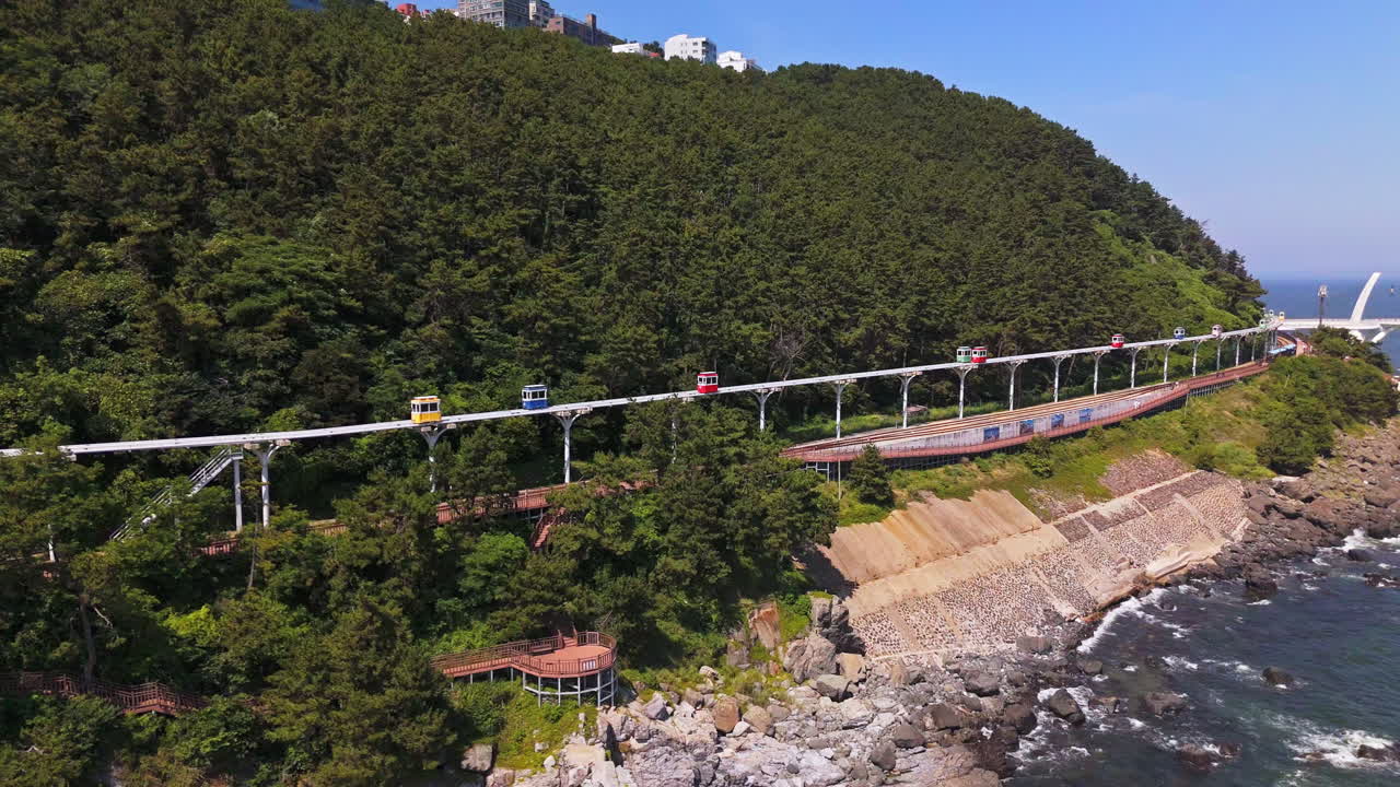 Aerial view tracking wagons of the Haeundae Sky Capsule in Busan, South Korea