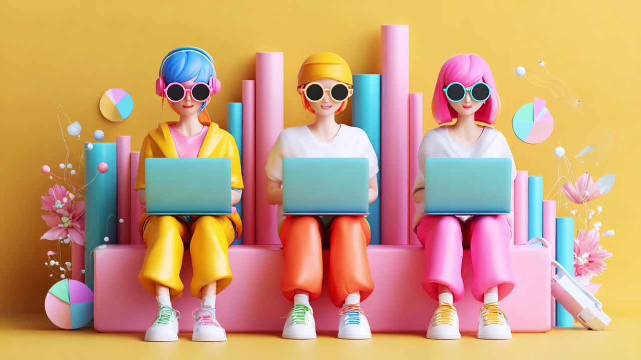 Colorful Animated Characters Working on Laptops Against a Bright Background with Geometric Shapes and Floral Elements, Representing Creativity and Collaboration in a Digital World