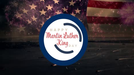 animación del feliz texto del día de martin luther king sobre la bandera estadounidense