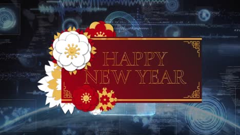 animation of happy new year text with decoration over padlock and circles and programming codes