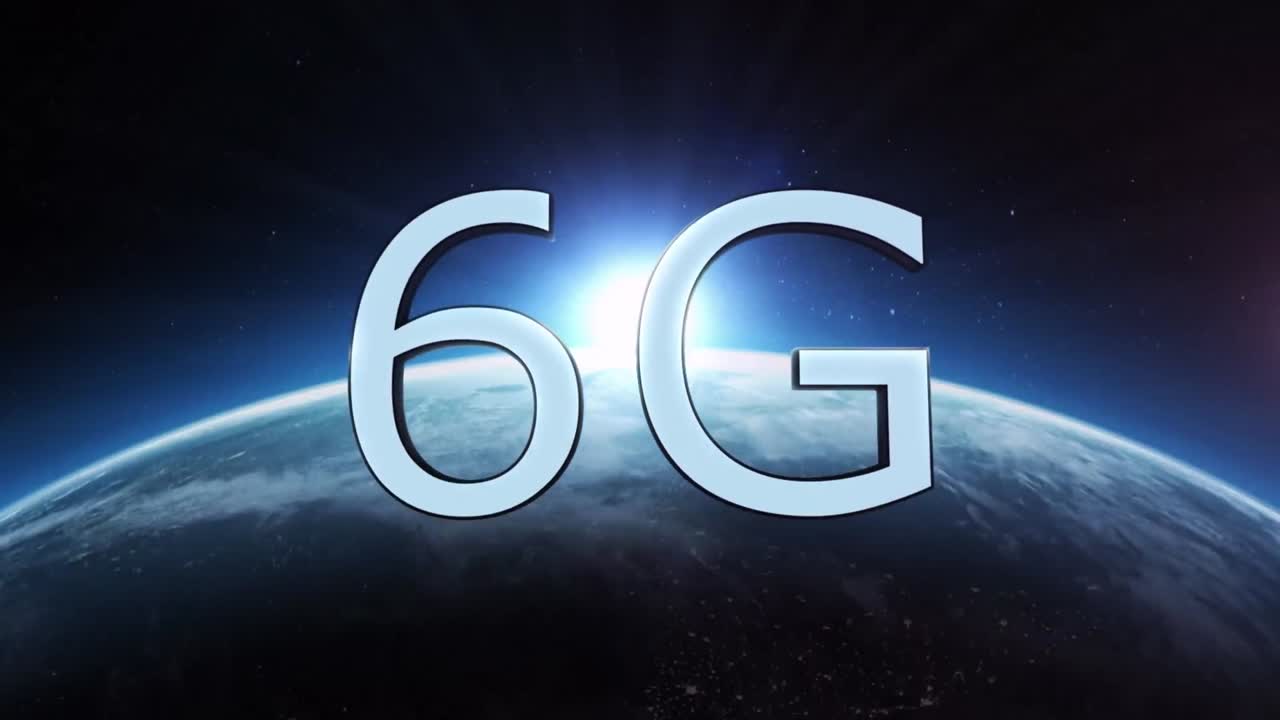 Animation of pink cubes and 6g over globe rotating in space