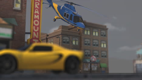un helicóptero azul volando sobre un coche deportivo amarillo en una ciudad