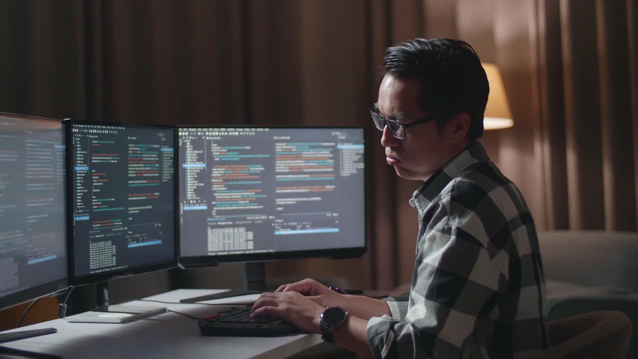 머리가 아픈 아시아 남성 프로그래머 소프트웨어 엔지니어 집에서 데스크 컴퓨터에서 앱, 프로그램, 비디오 게임을 개발하는 코딩 언어를 가진 터미널
