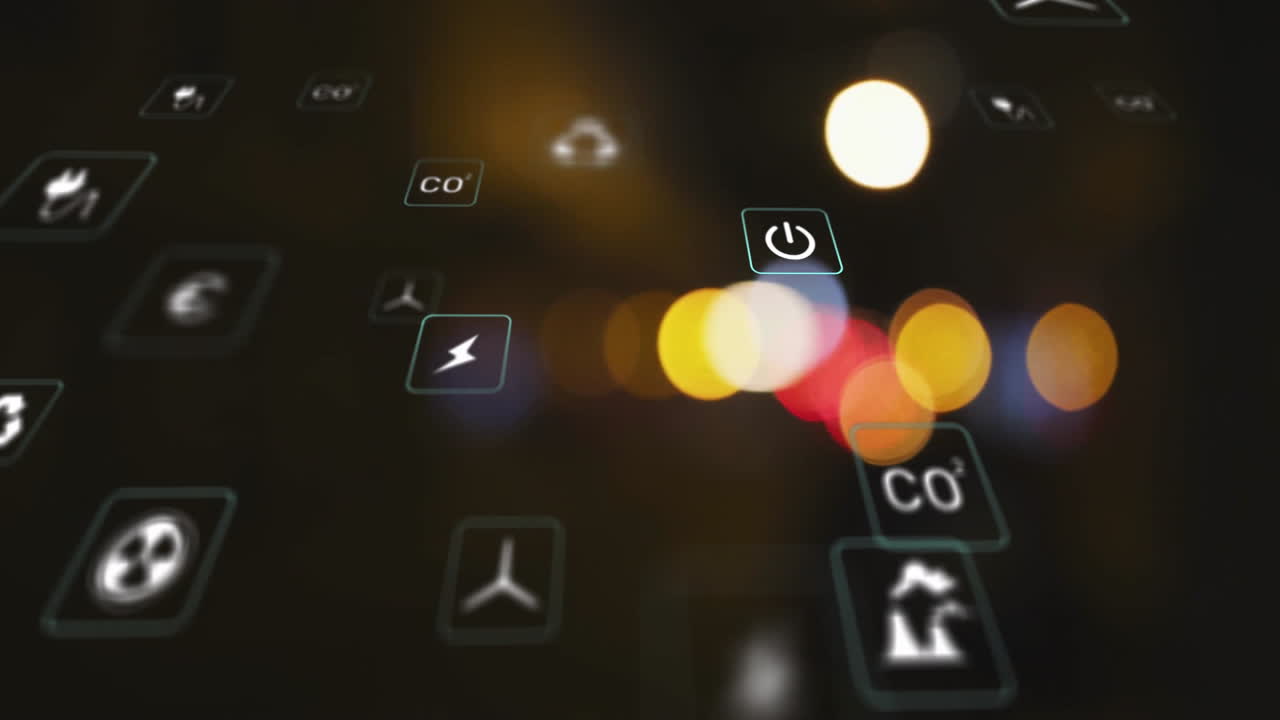 Animating energy and environmental icons over blurred city lights in background