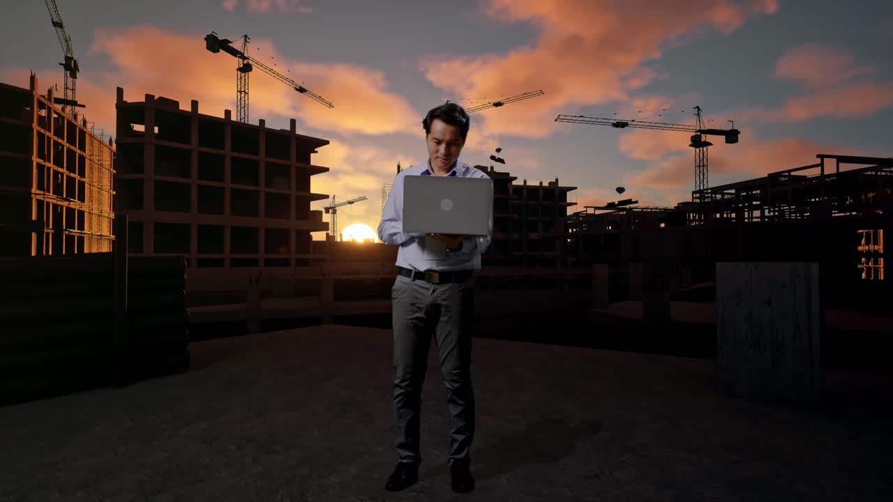Cuerpo completo de un trabajador profesional asiático de pie con su portátil en una obra en construcción de una nueva casa, trabajando de forma continua
