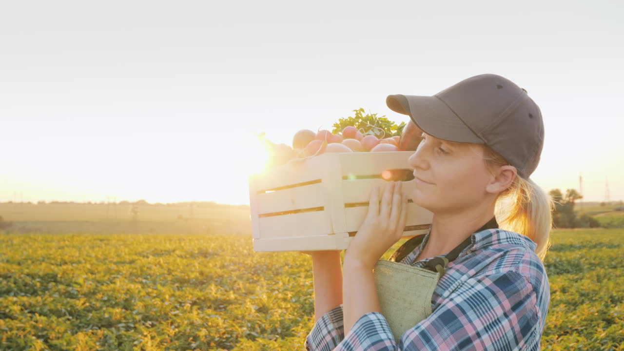 una agricultora con una caja de verduras frescas camina por su campo comiendo sano y vegeta fresca