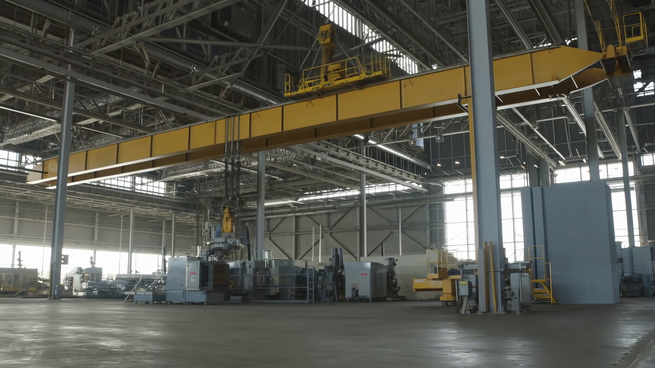 Empty Industrial Hangar With Yellow Crane, Wide Concrete Floor, Steel Girders And High Ceiling With Skylights,