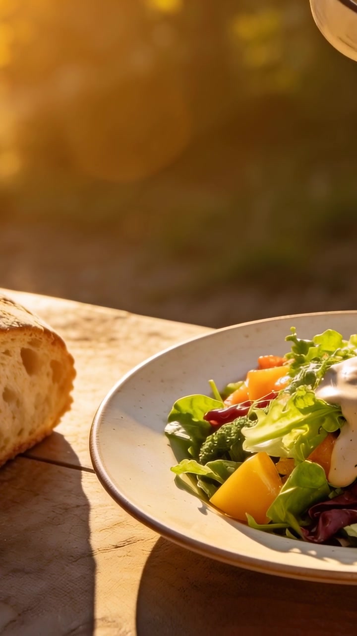 Video verticale: Mano che inclina e versa il condimento sull'insalata su un tavolo da patio per servire, con pane nelle vicinanze.