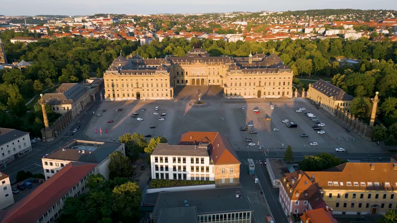 4K Aerial Drone Video of the Franconia Fountain in front of the Historic Residence Palace in Würzburg, Germany