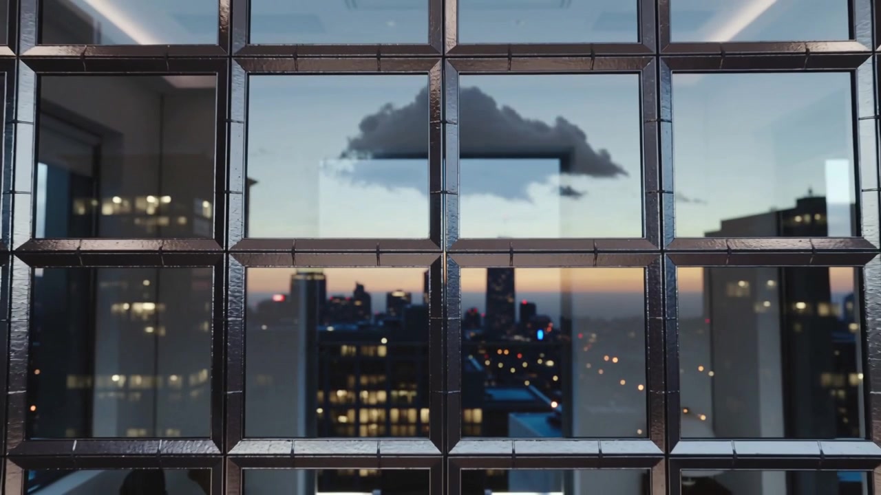 Pulling back, camera revealing metal-framed window showing skyline and cloud in office, contrasting