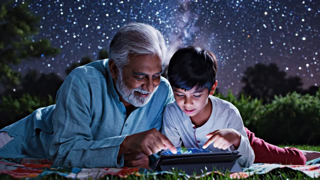 Grandfather and grandson using tablet under starry night sky