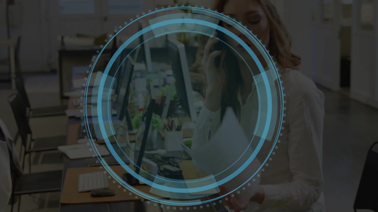 Office woman holding phone, reading document while Cyber Security title shrinking and HUD scanning