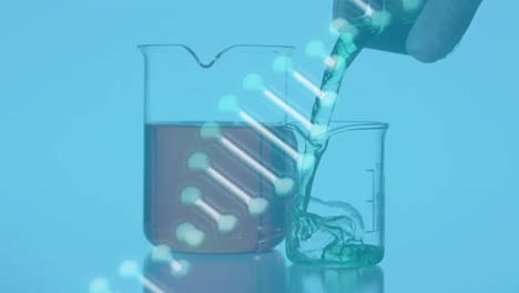 Animation-of-dna-chain-over-fluid-pouring-into-measuring-cups-on-blue-background