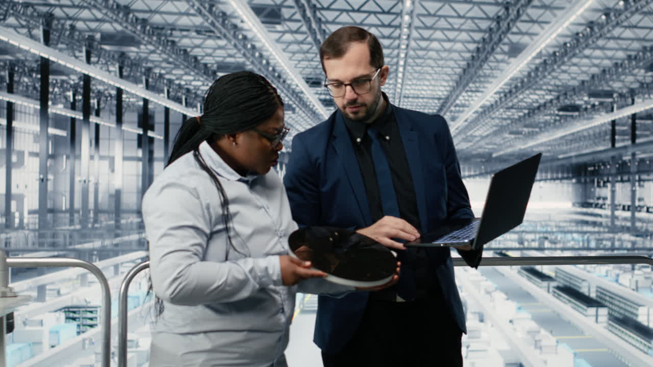 Diskuterende kvinde med kollega om siliciumskive i produktionsanlæg.