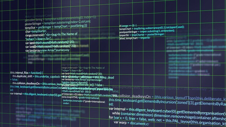 Animation of financial data processing over dark background