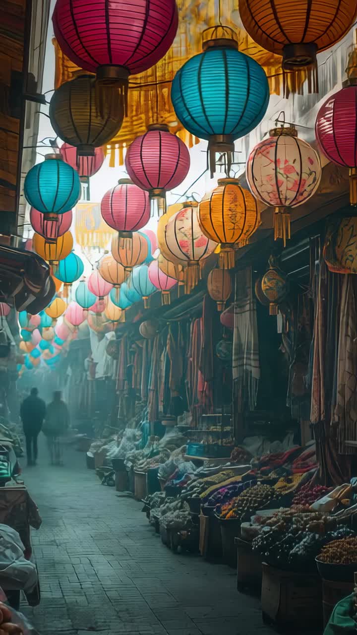 Vertical video: Opening shot showing alley lit by lanterns, guiding man walking past fabric stalls