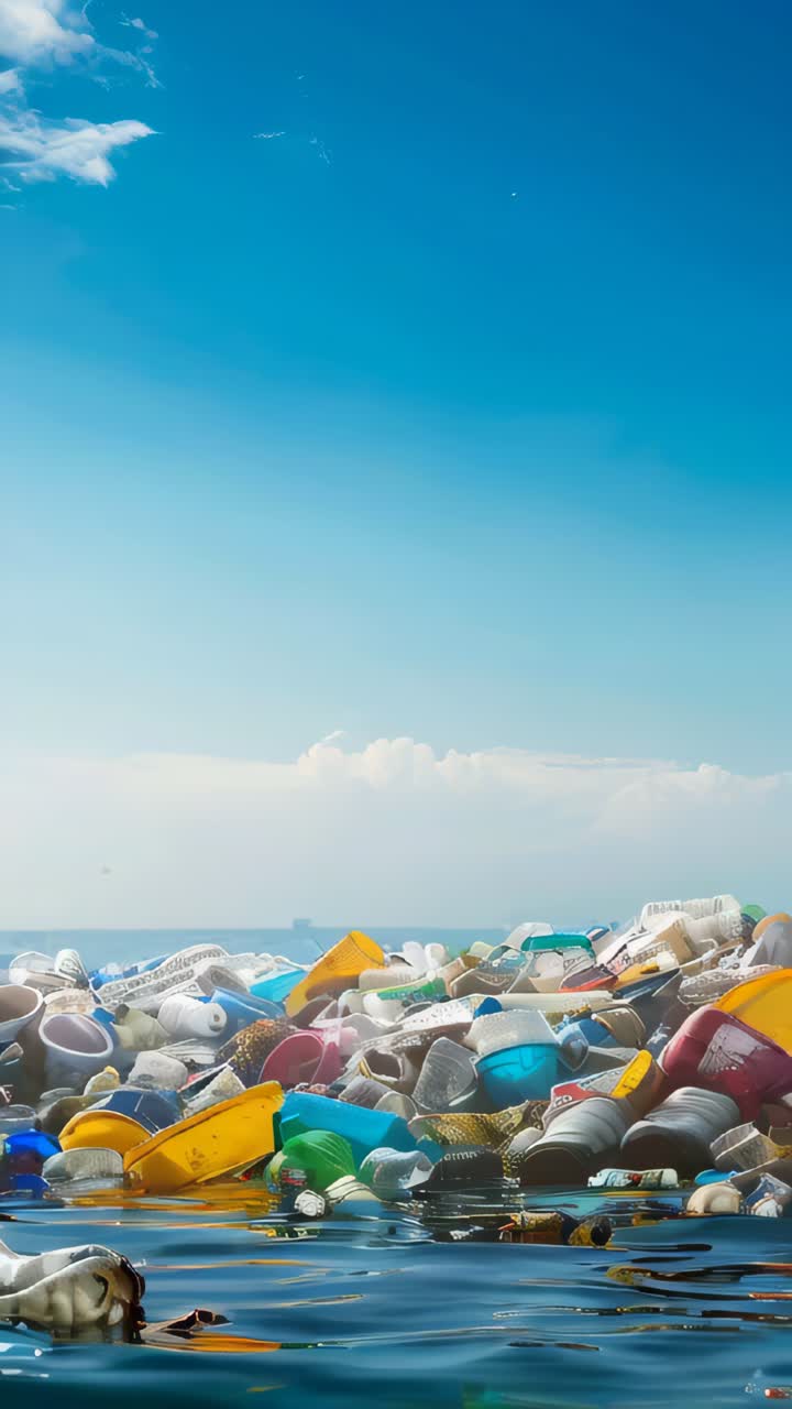 Pile of plastic garbage floating in the ocean, colorful plastics