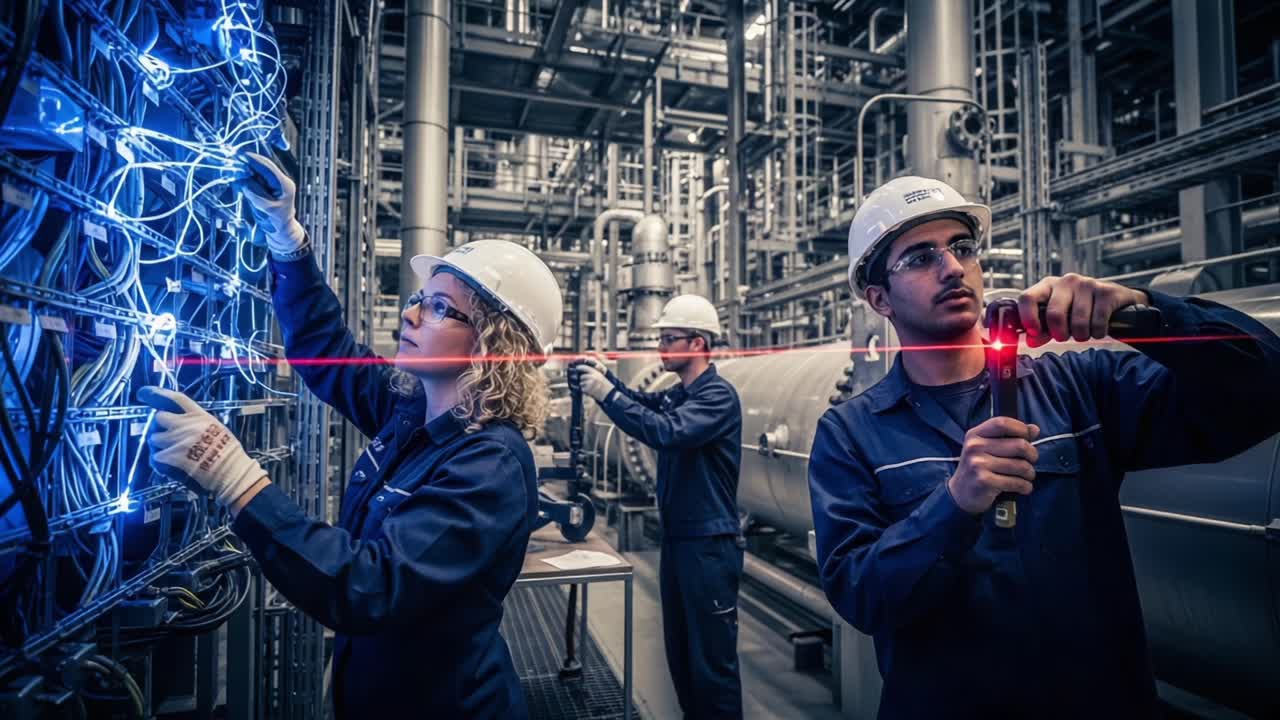 Técnicos realizando trabajos eléctricos en un entorno industrial: Precisión y concentración en el cableado y la medición láser en instalaciones de alta tecnología