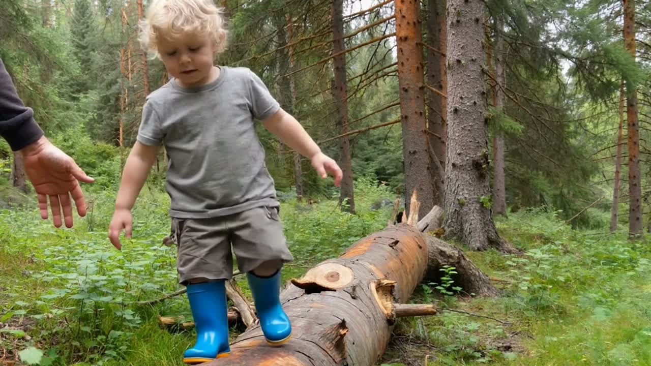 Bambino piccolo in equilibrio su un tronco con una mano che lo aiuta nella foresta.