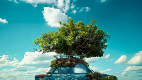 a car with a tree on top of it sitting on the beach