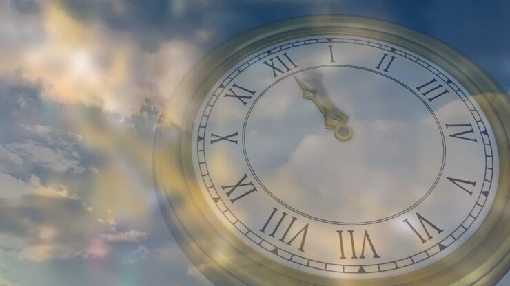 Un bagliore di luce solare appare, con le lancette di un orologio ornato che ruotano in senso orario mentre le nuvole si spostano, mostrando l'ora.