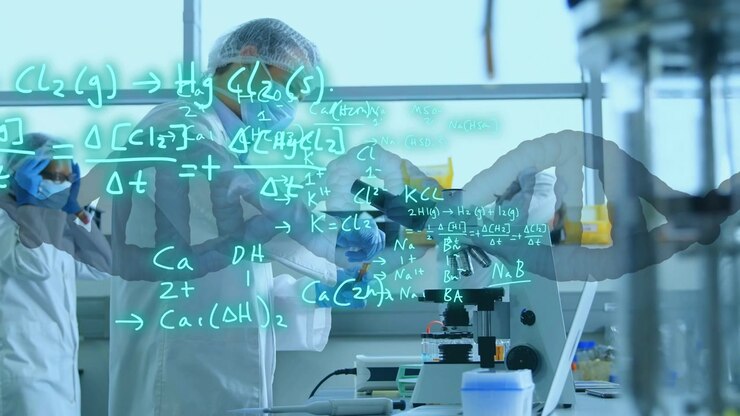 Lab tech pipetting at microscope, adjusting sample, chem formulas and helix fading in for study