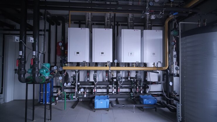 Modern industrial gas boiler room equipped for heating process. Heating gas boilers, pipelines, valves.