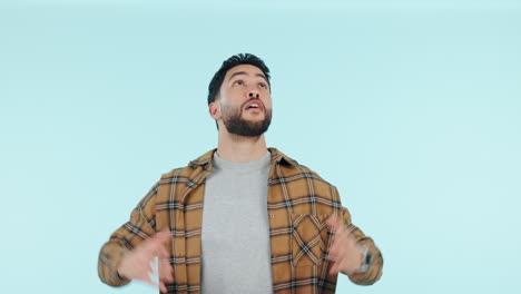 wow, sorpresa y un hombre con la mente soplada en un azul