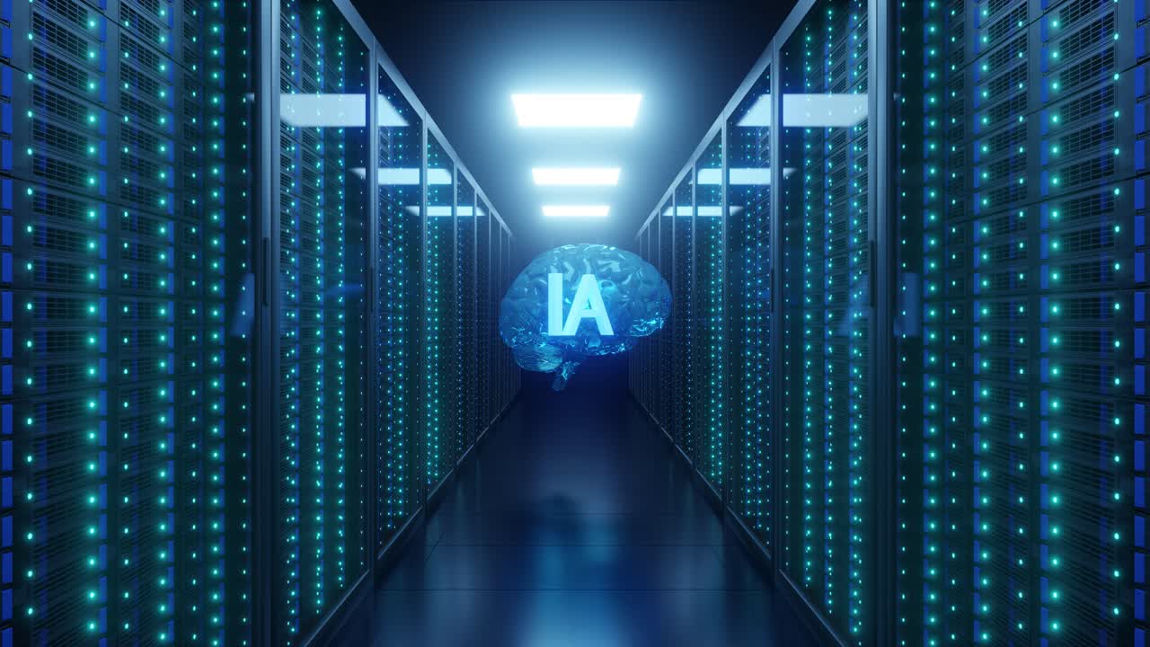 3D animation of illuminated data center and human brain ai concept