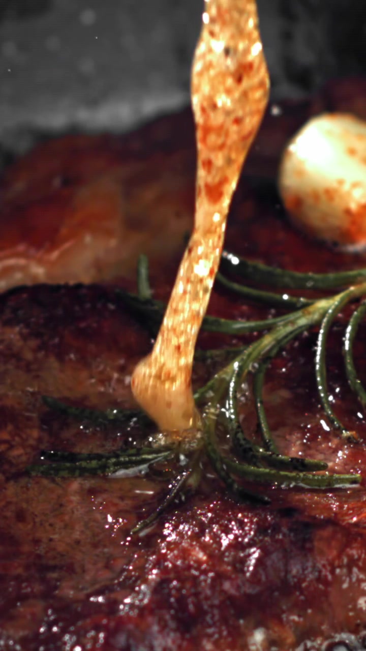 Slow Motion Close-up of Steak Basting with Rosemary and Garlic
