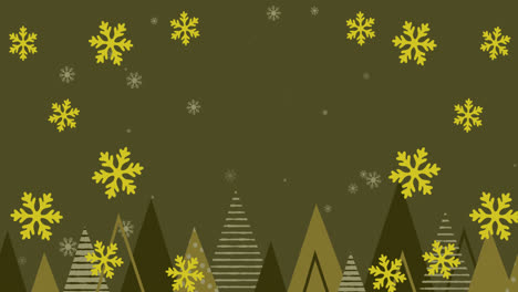 animation of yellow christmas snowflakes falling on green background