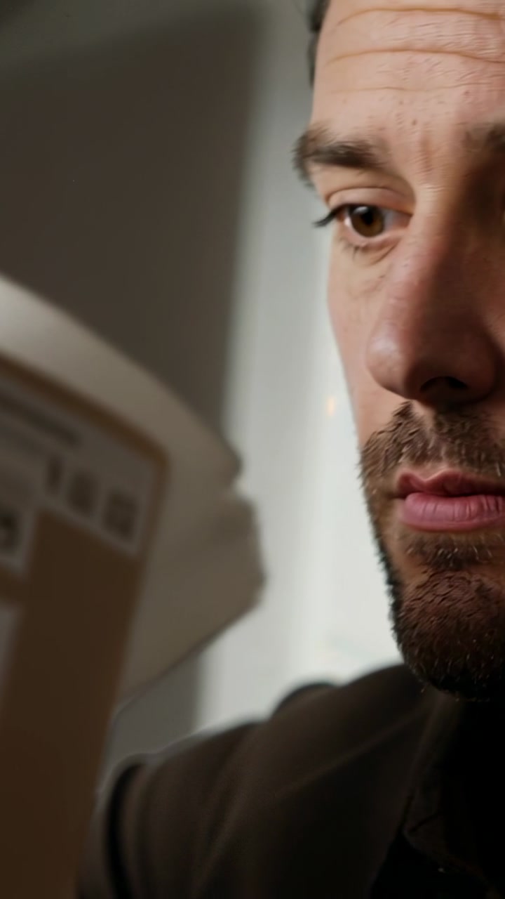 Inspecting man studying disposable cup and flipping booklet at home office, wearing dark shirt