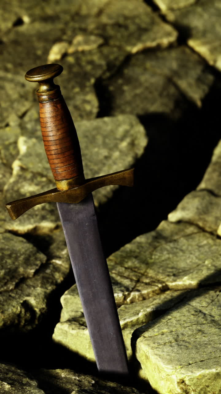 Mysterious sword embedded in ancient stone amid crumbling landscape