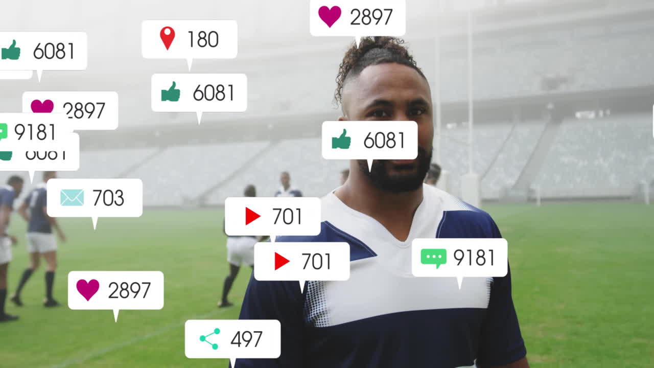 현장에서 럭비 선수들에 대한 소셜 미디어 알림이 나타납니다.